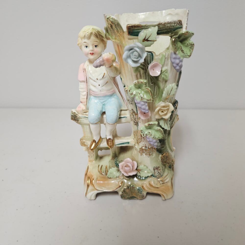 Sutton’s Creation JAPAN Victorian Capodimonte Style 8” vase with boy on fence